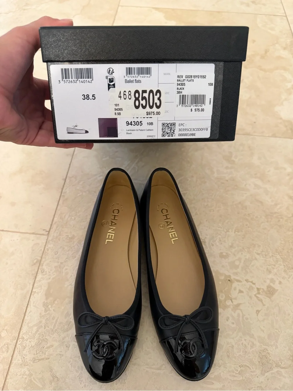 CHANEL Black Patent Cap-Toe Bow Ballet Flats